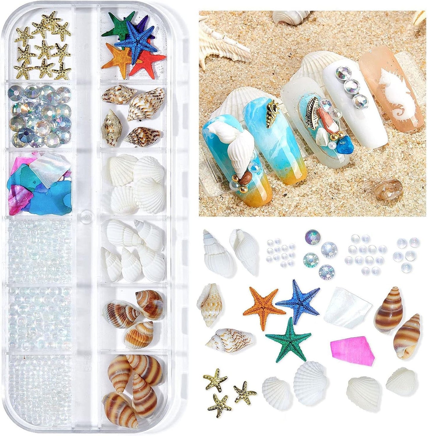 2 Boxes Summer Beach Nail Art Rhinestones Accessories Ocean Theme Shell Starfish Conch Nail Studs Sea Series Nail Art Rivets Charms Supplies for Nail Art Designs DIY Manicure Decoration