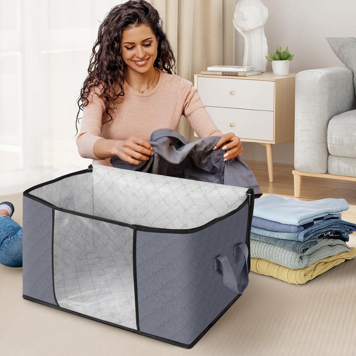 Clothes Storage, Foldable Thick Fabric Blanket Storage Bags, Storage Containers for Organizing Bedroom, Closet, Clothing, Comforter, Organization and Storage with Handle