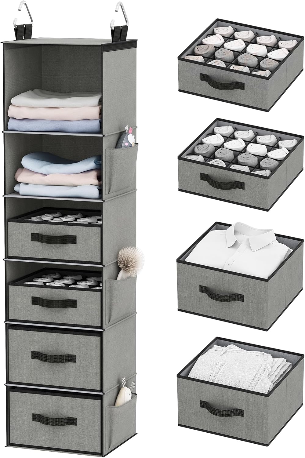 Hanging Closet Organizer, 6-Tier Hanging Closet Shelves for Organizing and Storing Sweaters, Underwear, Socks and Jeans, Odourless Washable (Gray)