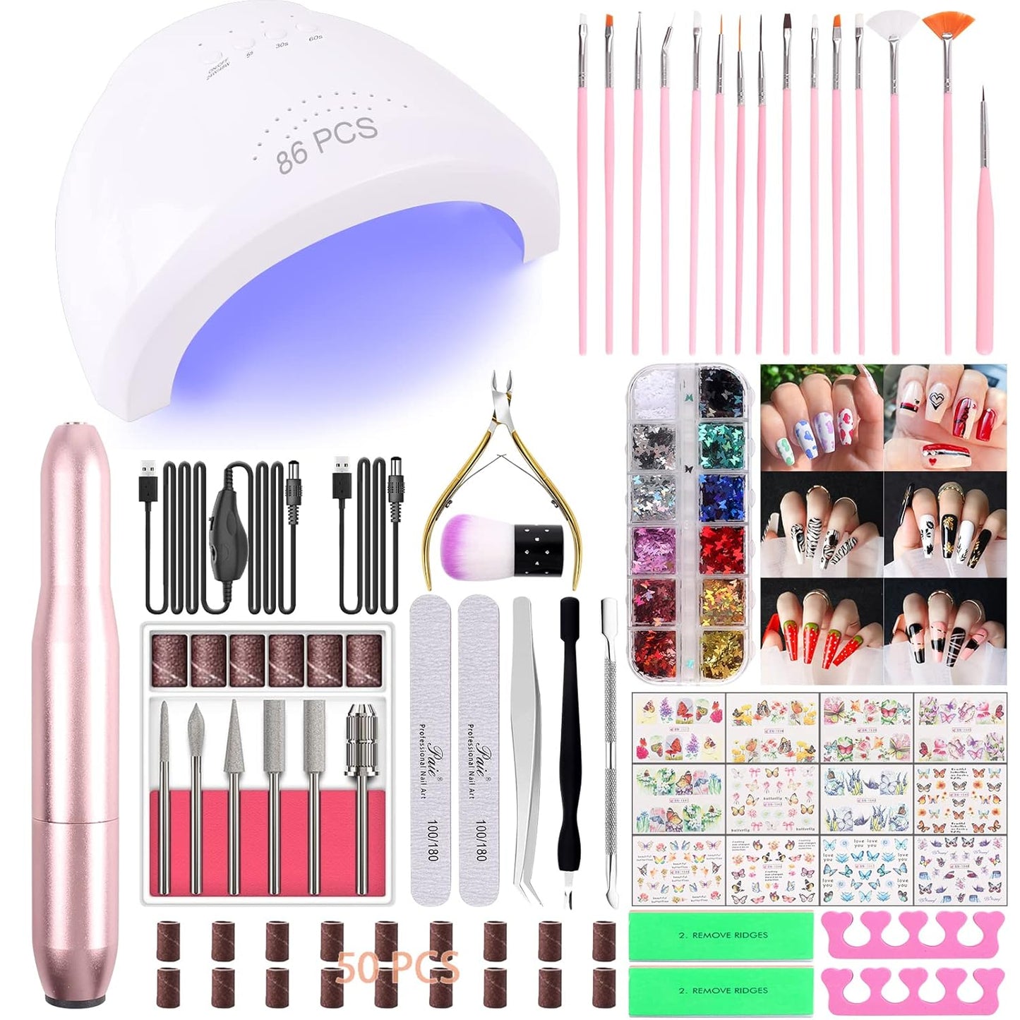 86PCS Acrylic Nail Kit Set with Everything, Professional Electric Nail Drill Machine 48W UV LED Nail Lamp Gel Dryer Lamp, Nail Supplies Art Brushes Decoration Nail Efile Tools for Gel Nails