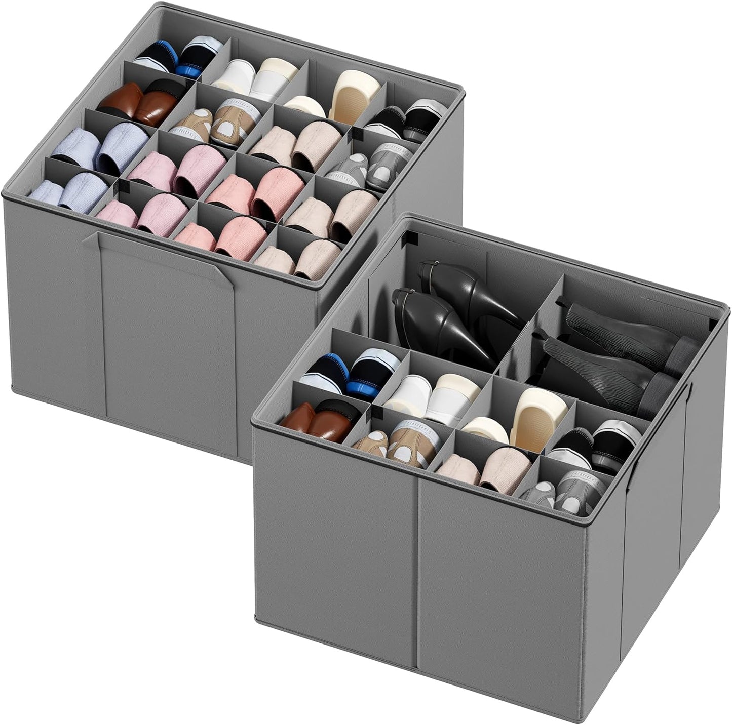 Shoe Organizer for Closet, 2 Pack Foldable Shoe Storage Containers Baskets Boxes Bins w/Adjustable Dividers, Fits 16-32 Pairs