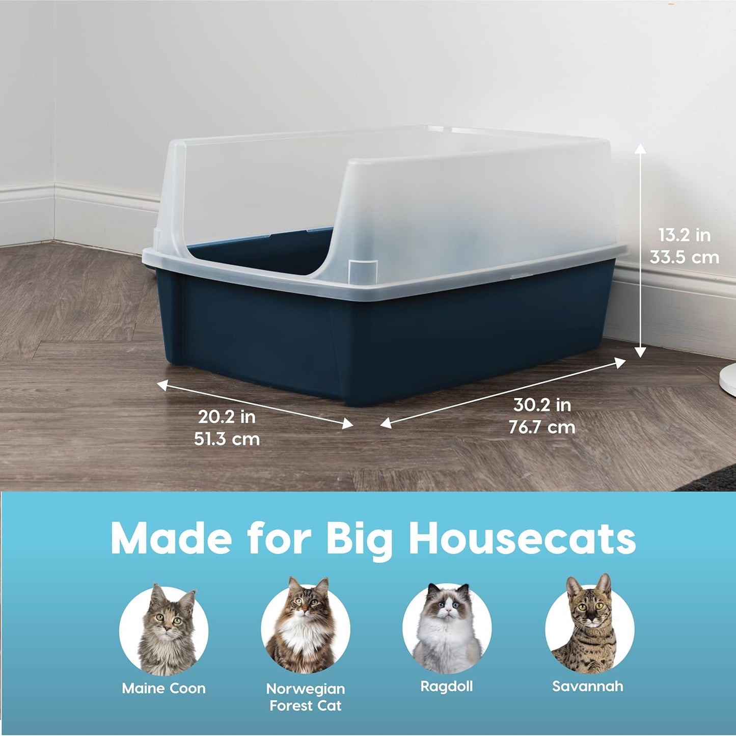 Extra Large Cat Litter Box, Open Top Litter Box for Big Cats and Multi-Cat Households, High Sided Scatter Shield, Easy to Clean