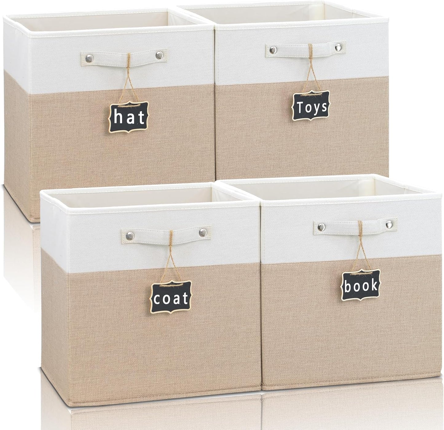 11x11 cube storage bins 4 Pack,Collapsible Fabric Storage Cubes with Labels,Linen Cube Storage Organizer Bins with Cotton Handles,Square Storage Cubes for Home,Office,Clothes,Cabinet (White Grey).