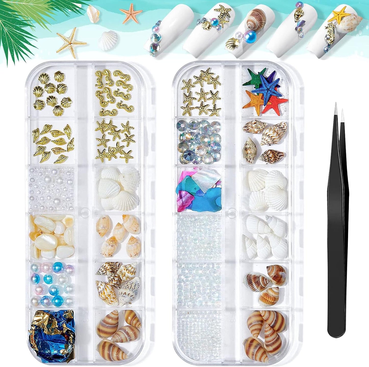 2 Boxes Summer Beach Nail Art Rhinestones Accessories Ocean Theme Shell Starfish Conch Nail Studs Sea Series Nail Art Rivets Charms Supplies for Nail Art Designs DIY Manicure Decoration