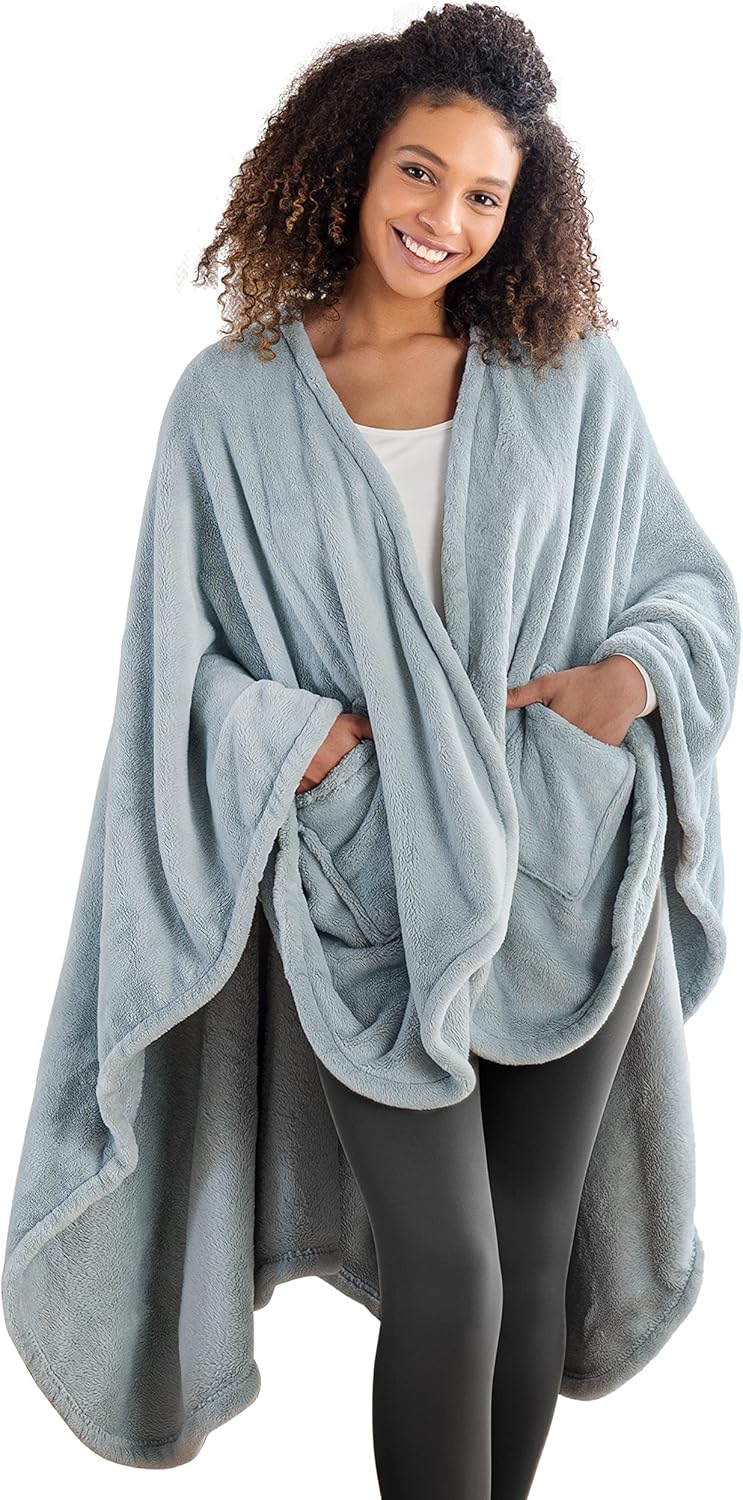 Berkshire Blanket Primalush™ Wearable Blanket, Cozy Loungewear Pocketed Plush Cape Wrap for Adults & Teens(Purple, One Size 58"X64")