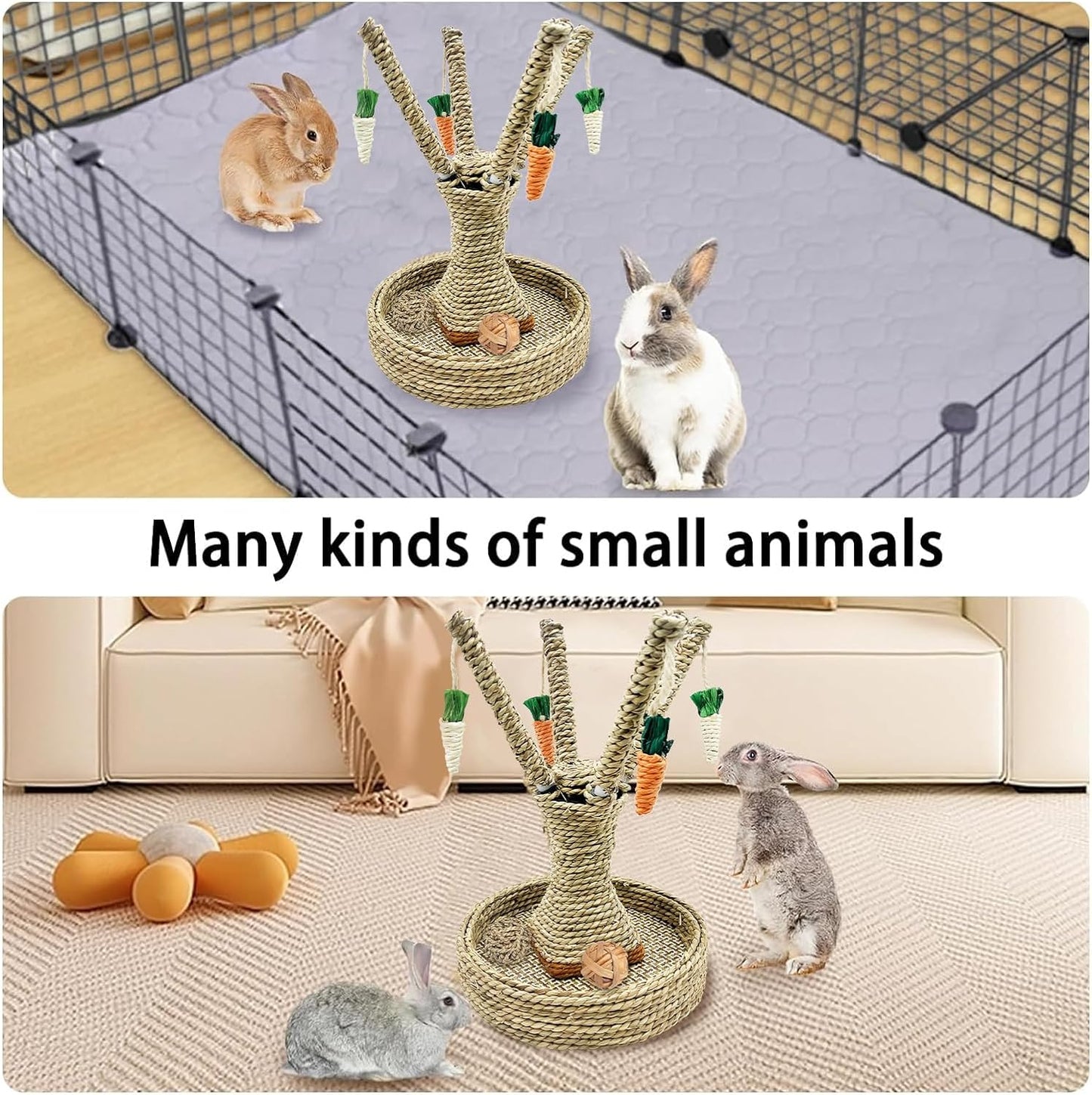 Bunny Chew Toys Rabbit Rattan Grass Scratcher Climbing Tree Fun Tree Carrot Play Toys for Small Animal Guinea Pig Tooth Cleaning