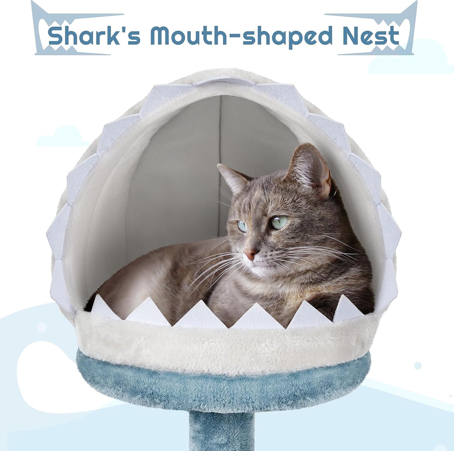 45.5in Ocean-Themed Cat Tree Multi-Level Cat Tower, Plush Cat Furniture with Shark's Mouth-Shaped Nest, Sea Star-Shaped Perch, Jellyfish-Style Hammock for Indoor Cat Kitty