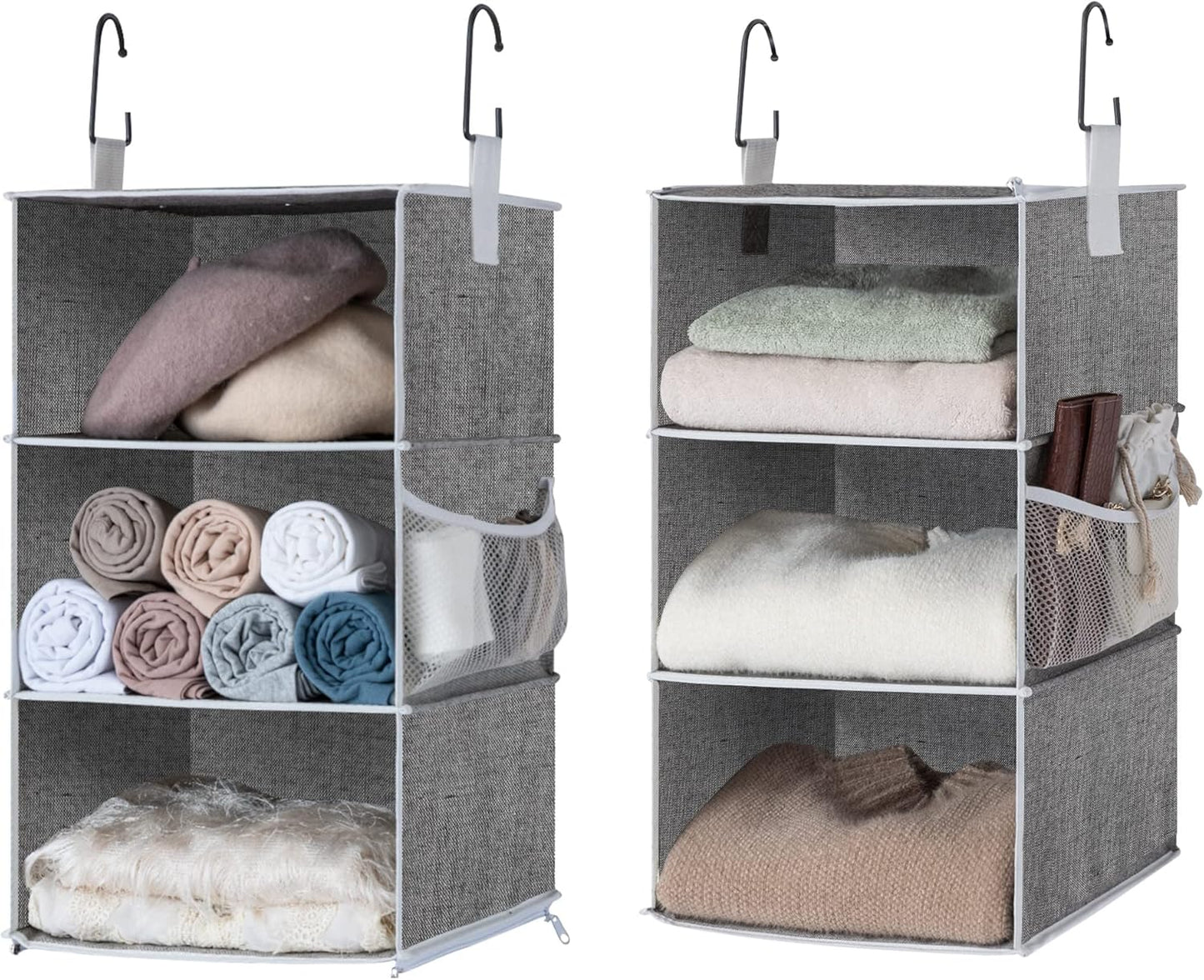 6-Shelf Hanging Closet Organizers, Two 3-Shelf Separable Closet Hanging Shelves, Canvas, Gray, 12" D x 12" W x 48 ¼"H