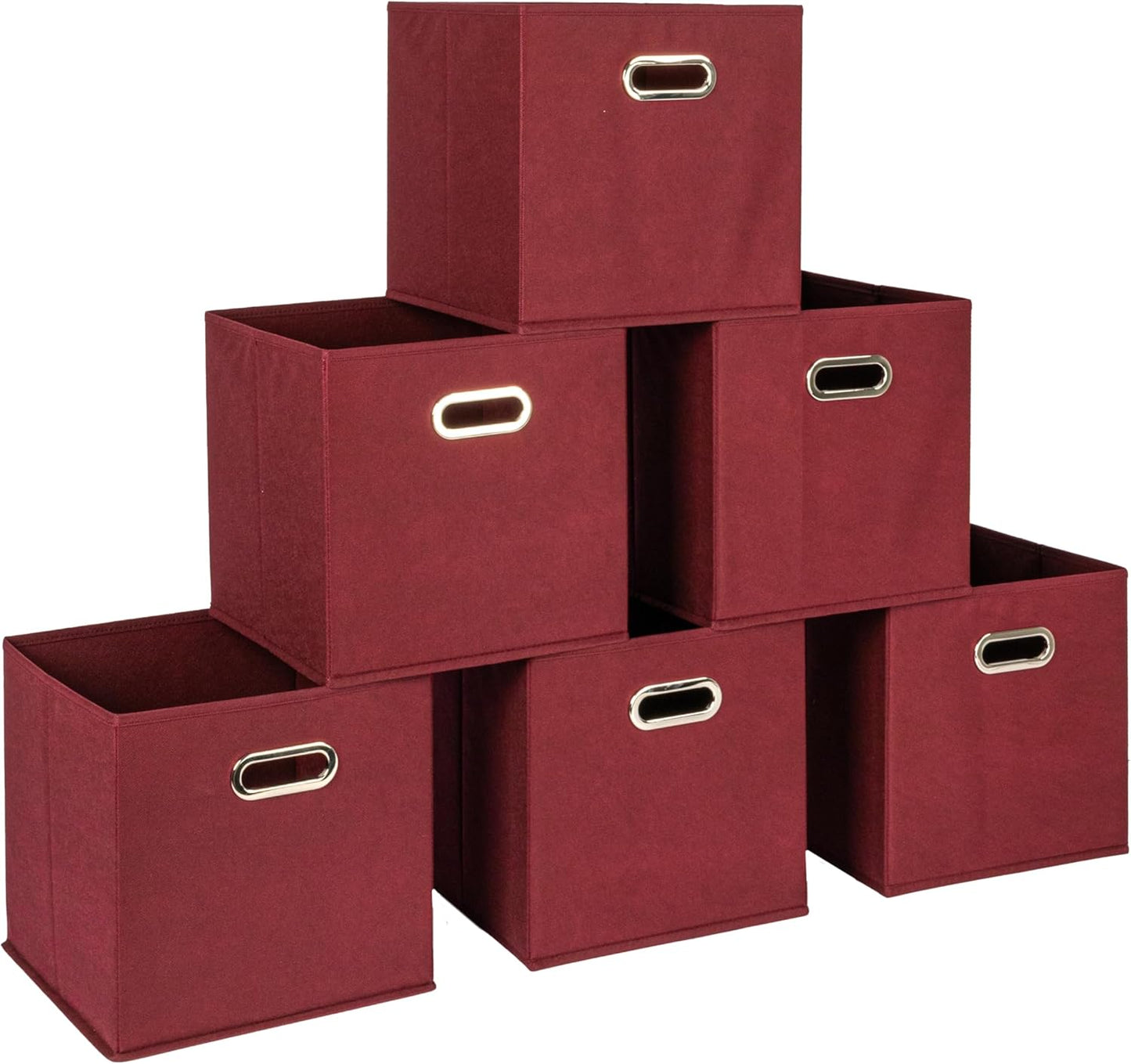 Fabric Storage Cube Bins, 6 Piece Set, Strong Poly-Woven Fabric, Chipboard Sides, Grommet Front Handle, Stackable and Foldable, Classic Design