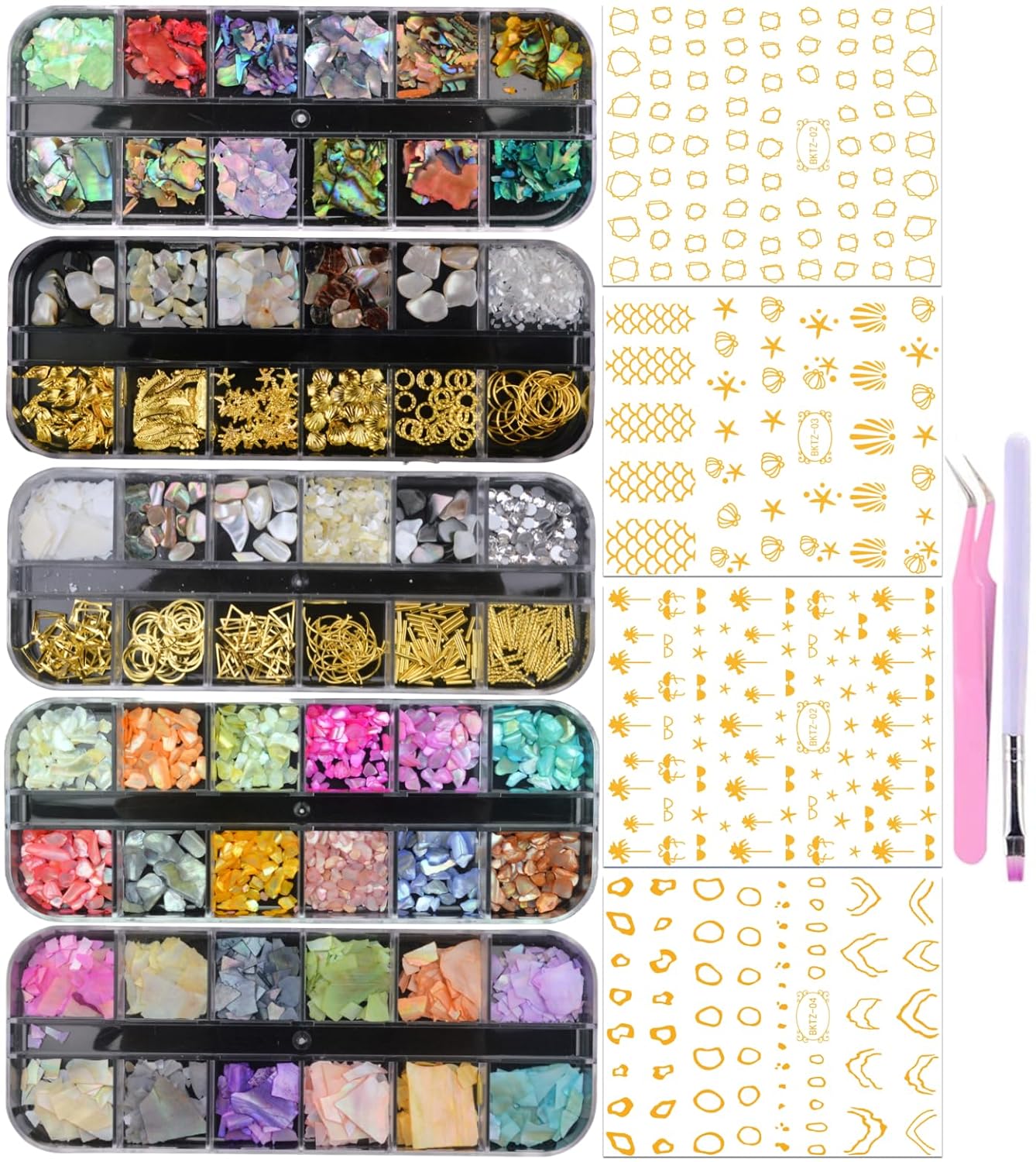 5 Boxes Gold & Silver Metal Nail 3D Punk Studs Star Moon Heart Triangle Square Rivet Gems Nail Art Jewels with a Curved Tweezers and a Nail Brush