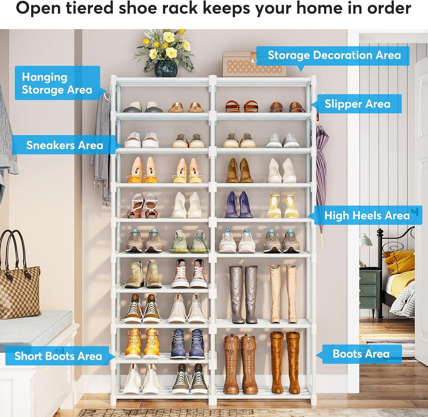 32-40 Pairs Shoe Storage Shelf, 9 Tiers Stackable Shoe Tower/Rack/Stand for Closet, Boot Organizer with 2 Hooks