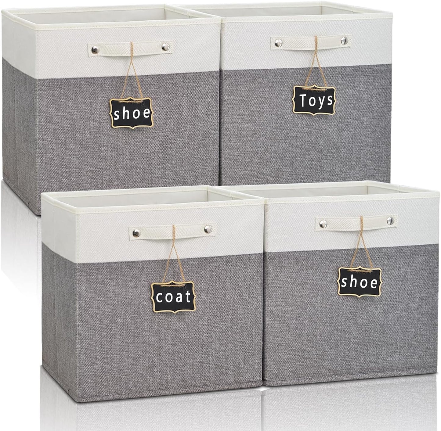 11x11 cube storage bins 4 Pack,Collapsible Fabric Storage Cubes with Labels,Linen Cube Storage Organizer Bins with Cotton Handles,Square Storage Cubes for Home,Office,Clothes,Cabinet (White Grey).