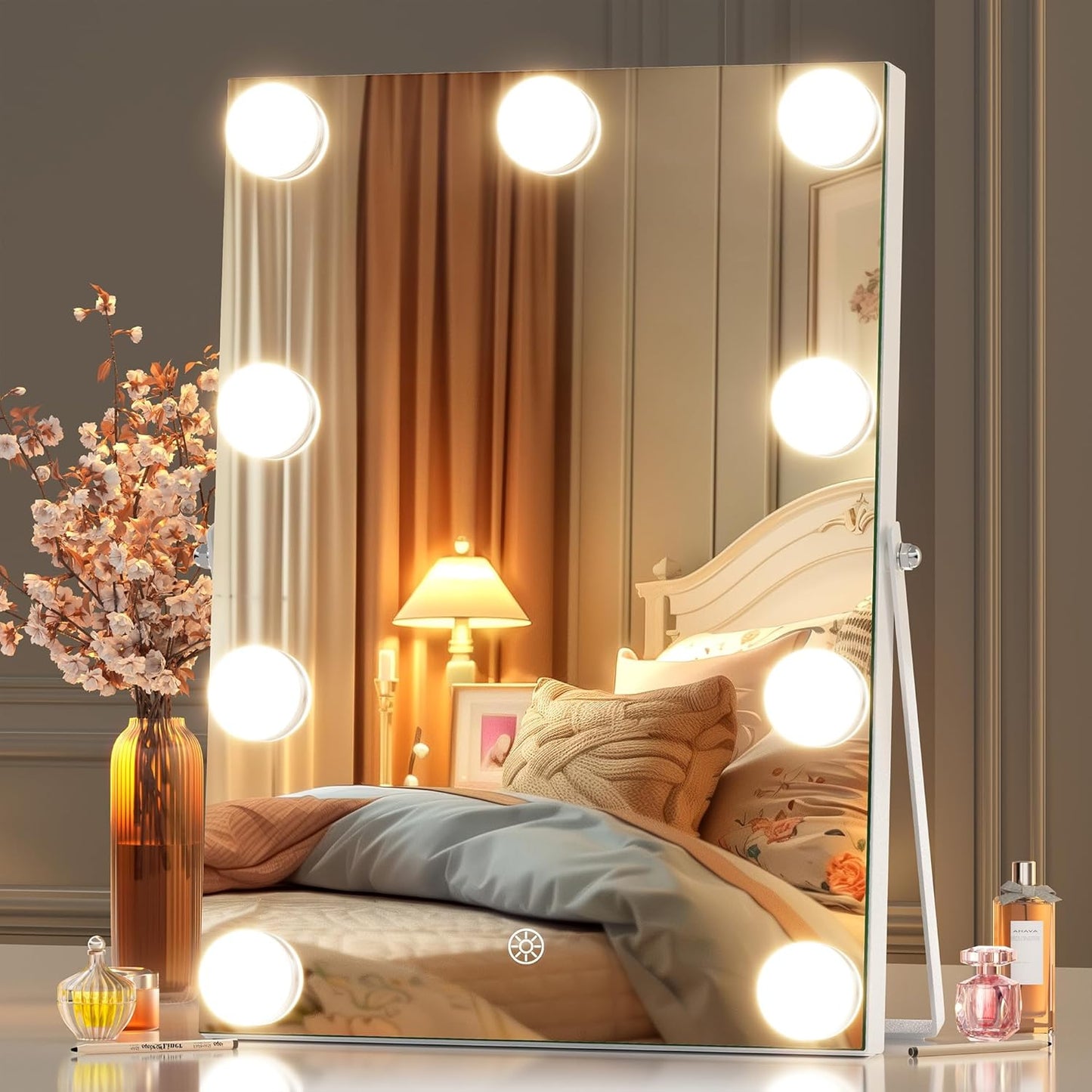 Vanity Mirror with Lights, 9.8" x 13.8" Hollywood Mirror, Makeup Mirror with 9 Dimmable Bulbs, Smart Touch 3 Colors Dimmable, 360° Rotation, White