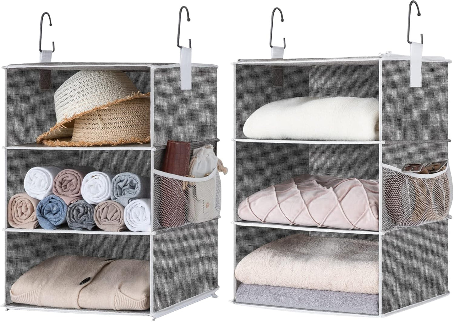 6-Shelf Hanging Closet Organizers, Two 3-Shelf Separable Closet Hanging Shelves, Canvas, Gray, 12" D x 12" W x 48 ¼"H