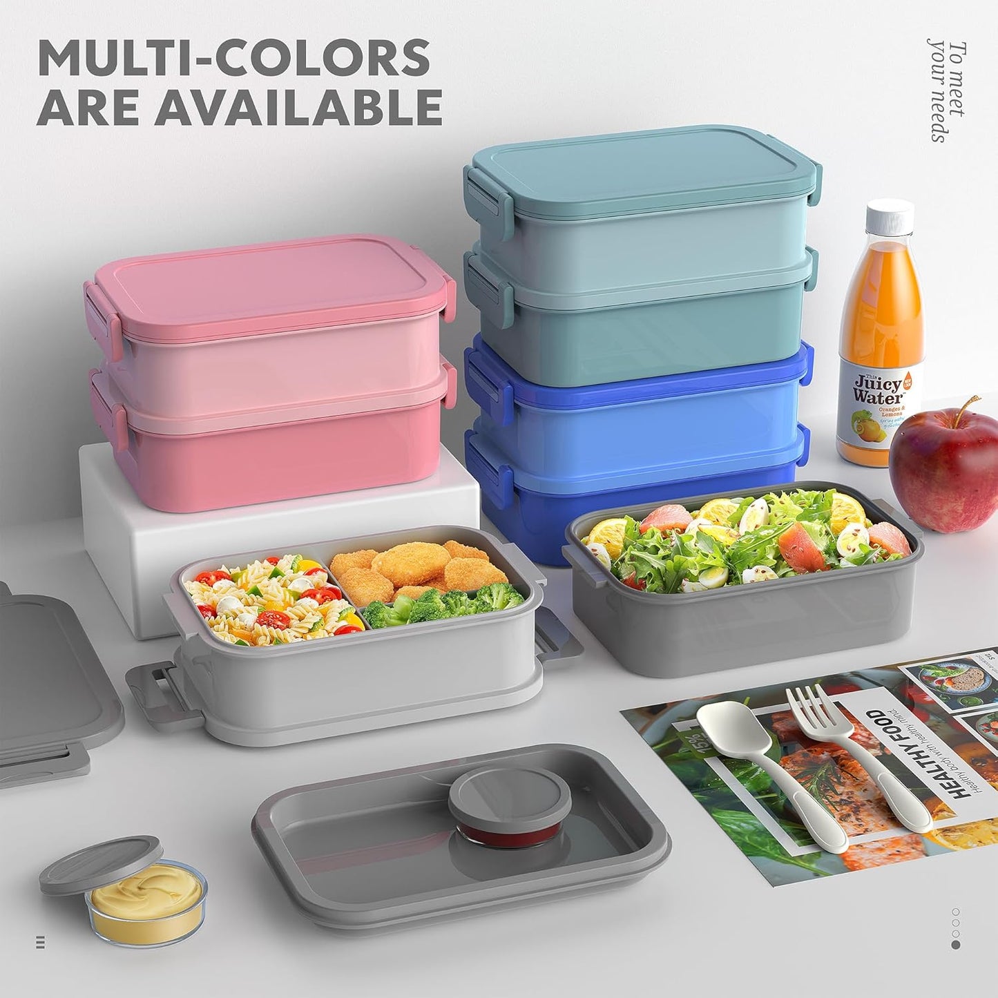 Adult Bento Box Lunch Box - 3 Layers Stackable Bento Lunch Box for Adults, 72oz Large-Style All-in-One Bento Boxes Leak-Proof Lunchbox with Utensil Sauce Containers for Dining Out,Work, Grey