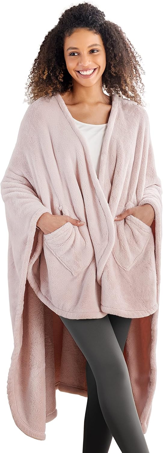 Berkshire Blanket Primalush™ Wearable Blanket, Cozy Loungewear Pocketed Plush Cape Wrap for Adults & Teens(Purple, One Size 58"X64")