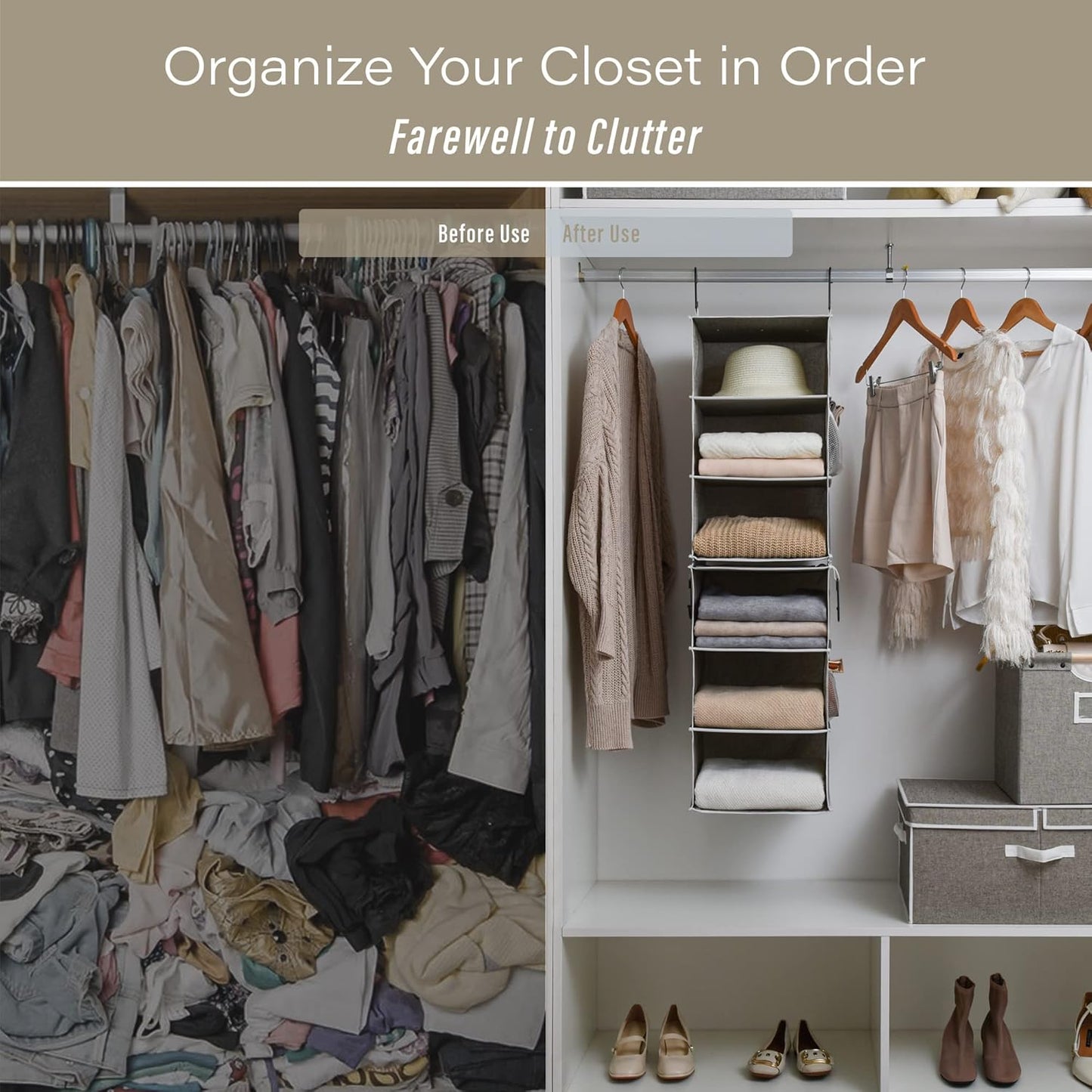 6-Shelf Hanging Closet Organizers, Two 3-Shelf Separable Closet Hanging Shelves, Canvas, Gray, 12" D x 12" W x 48 ¼"H