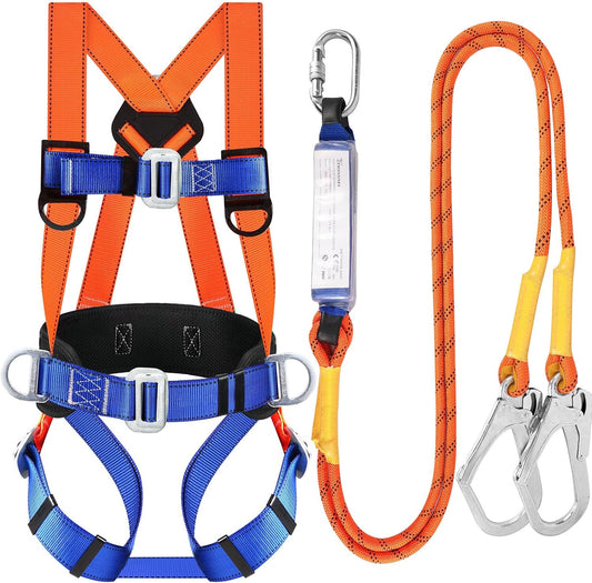 Safety Harness Fall Protection Kit: Full Body Roofing harnesses with Shock Absorbing Lanyard - Updated Comfortable Waist Pad