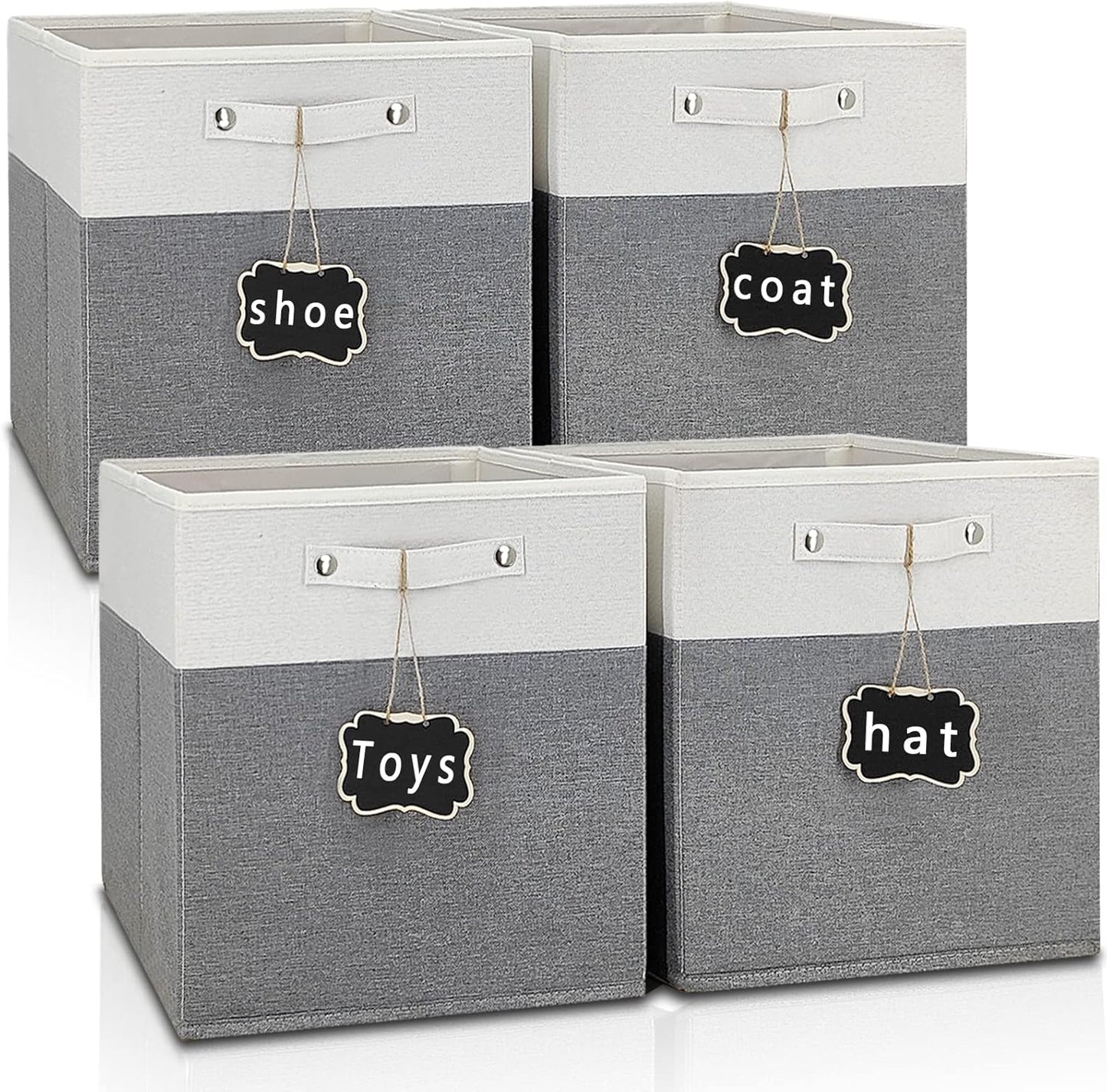 11x11 cube storage bins 4 Pack,Collapsible Fabric Storage Cubes with Labels,Linen Cube Storage Organizer Bins with Cotton Handles,Square Storage Cubes for Home,Office,Clothes,Cabinet (White Grey).