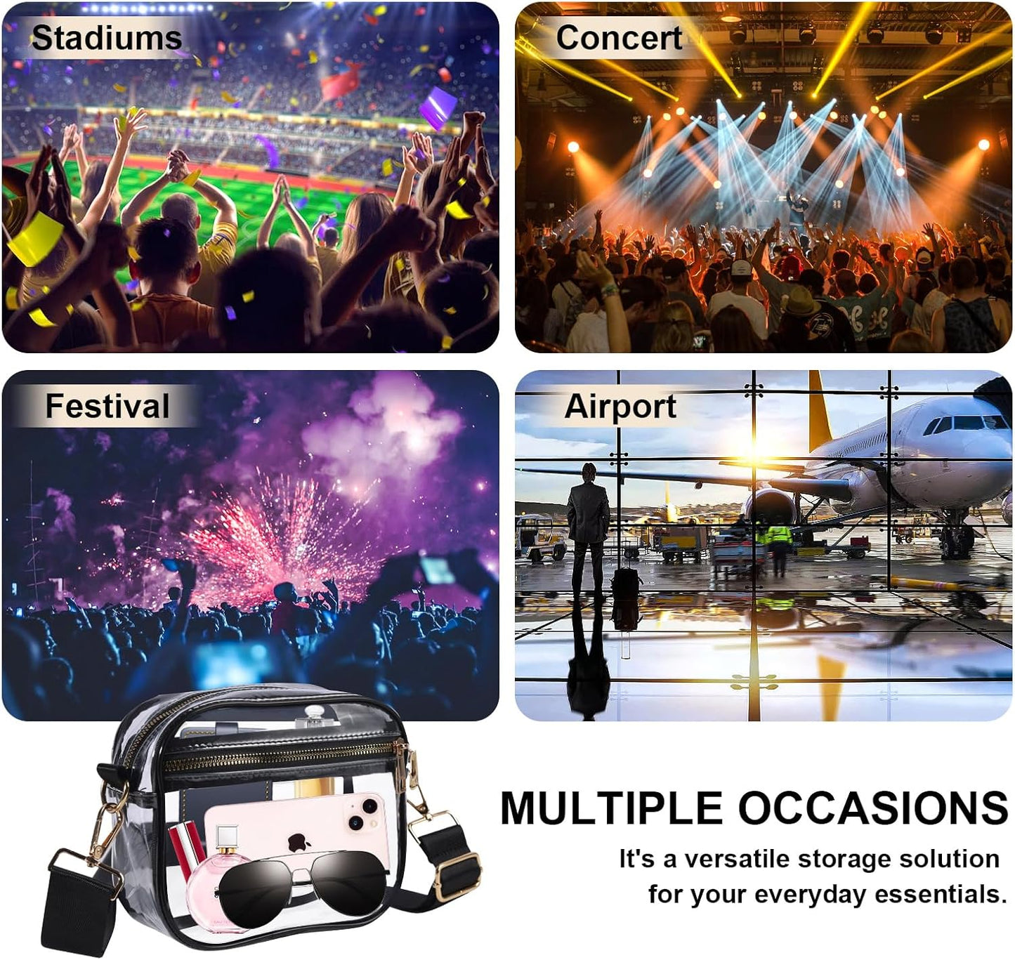 Clear Bag Stadium Approved, Leather Clear Crossbody Purse Bag for Concerts Sports Events Festivals