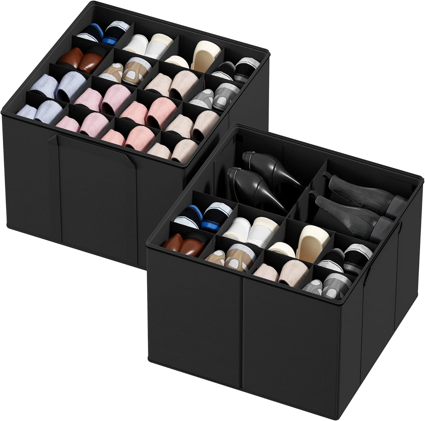 Shoe Organizer for Closet, 2 Pack Foldable Shoe Storage Containers Baskets Boxes Bins w/Adjustable Dividers, Fits 16-32 Pairs