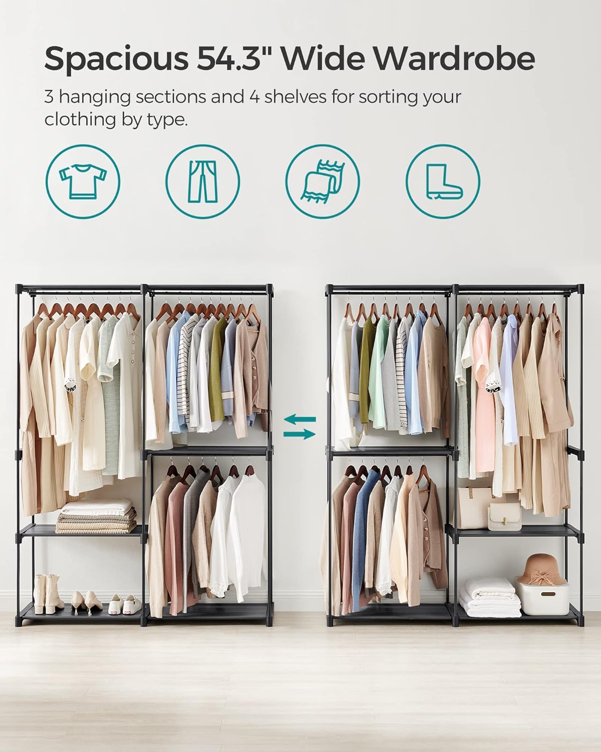 Portable Closet, Freestanding Closet Organizer, Clothes Rack with Shelves, Hanging Rods, Storage Organizer, for Cloakroom, Bedroom