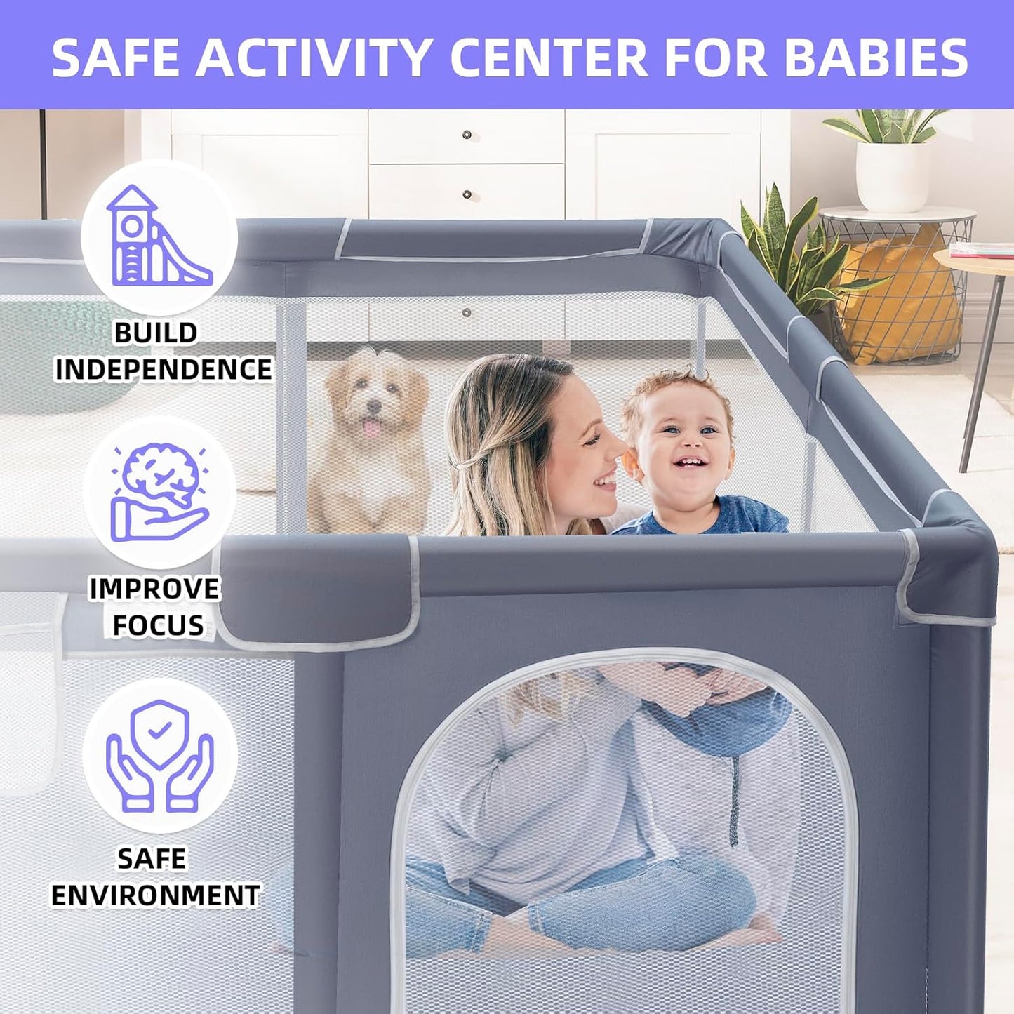 Baby Playpen, Play Pen for Kids Activity Center, Large Baby Playard for Indoor and Outdoor, Sturdy Safety Baby Fence with Soft Breathable Mesh for Toddler