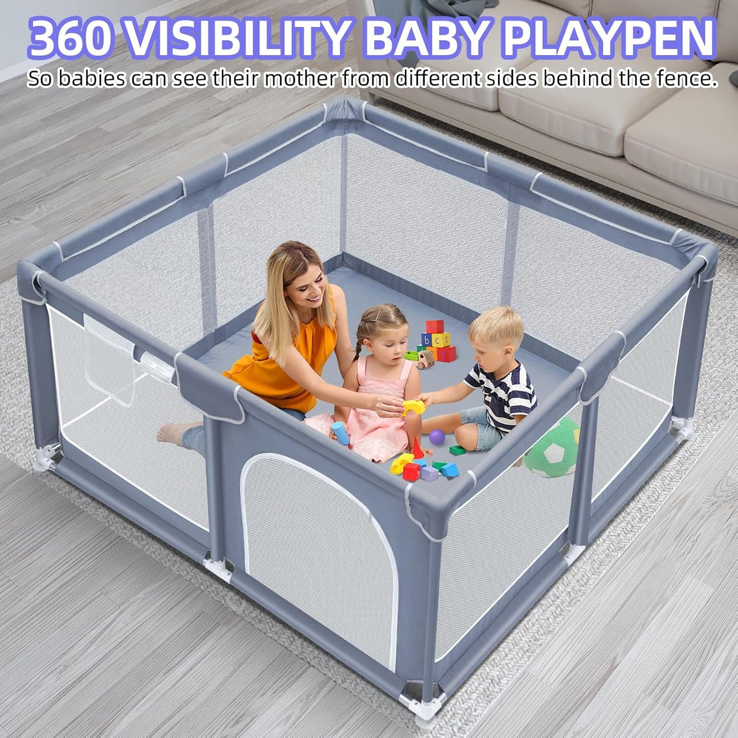 Baby Playpen, Play Pen for Kids Activity Center, Large Baby Playard for Indoor and Outdoor, Sturdy Safety Baby Fence with Soft Breathable Mesh for Toddler