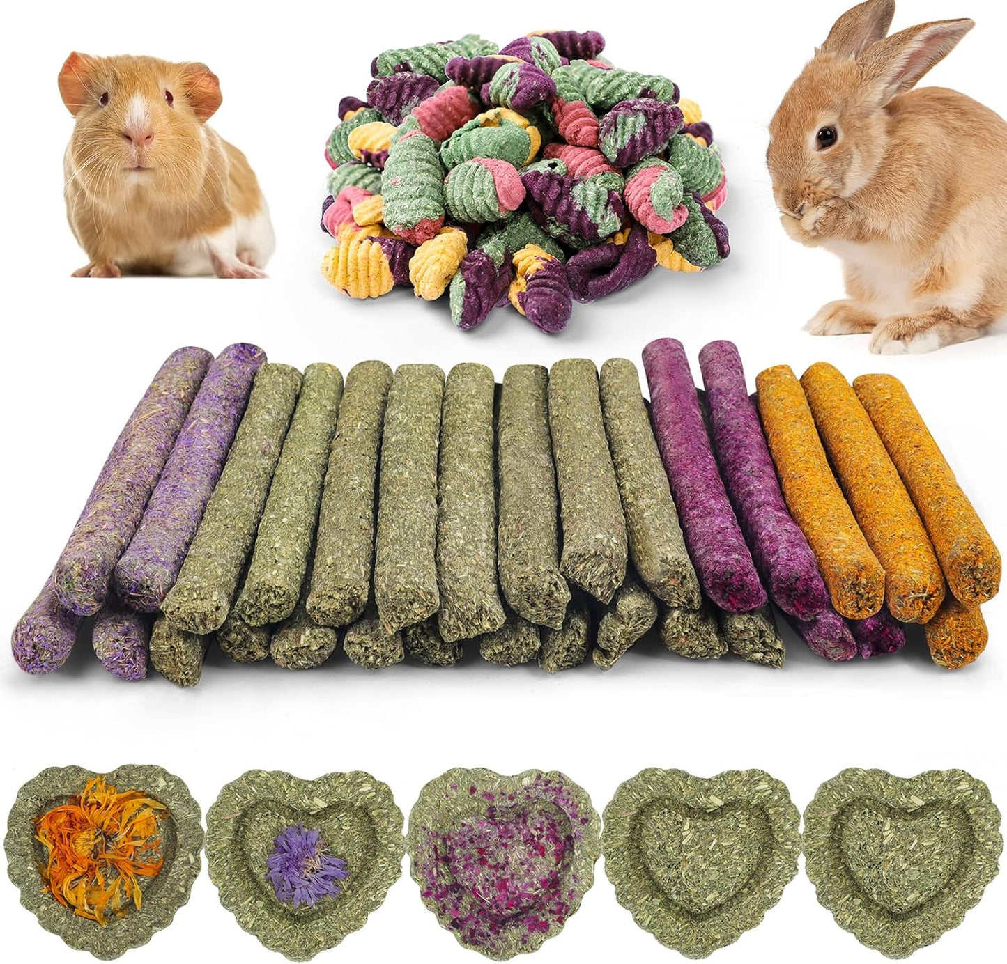 Bunny Toys,21PCS Rabbit Toys for Bunnies Rabbit Chew Toys for Teeth Guinea Pig Toys Natural Chew Treats Toys,Timothy Hay Sticks for Chinchillas Hamsters Rats,Small Animals Teeth Grinding