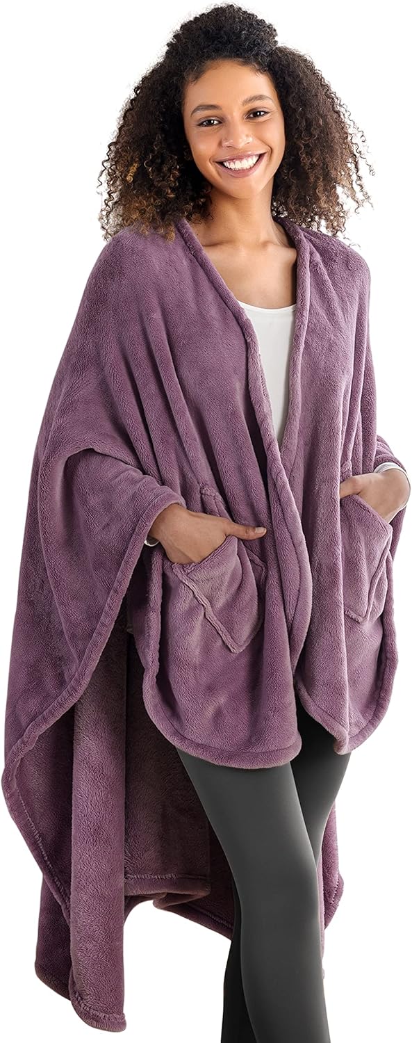 Berkshire Blanket Primalush™ Wearable Blanket, Cozy Loungewear Pocketed Plush Cape Wrap for Adults & Teens(Purple, One Size 58"X64")