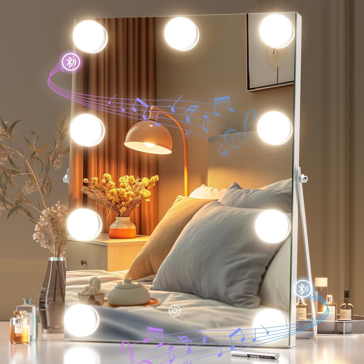 Vanity Mirror with Lights, 9.8" x 13.8" Hollywood Mirror, Makeup Mirror with 9 Dimmable Bulbs, Smart Touch 3 Colors Dimmable, 360° Rotation, White