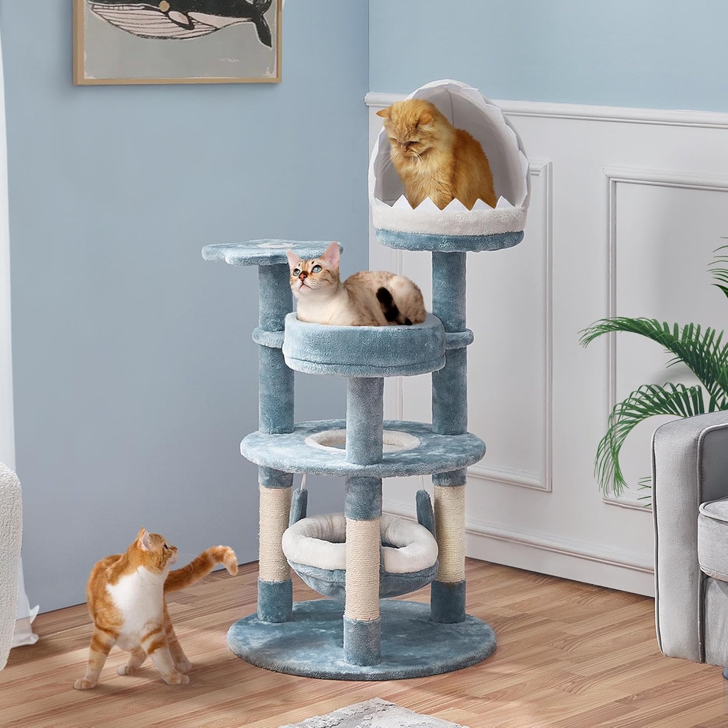 45.5in Ocean-Themed Cat Tree Multi-Level Cat Tower, Plush Cat Furniture with Shark's Mouth-Shaped Nest, Sea Star-Shaped Perch, Jellyfish-Style Hammock for Indoor Cat Kitty