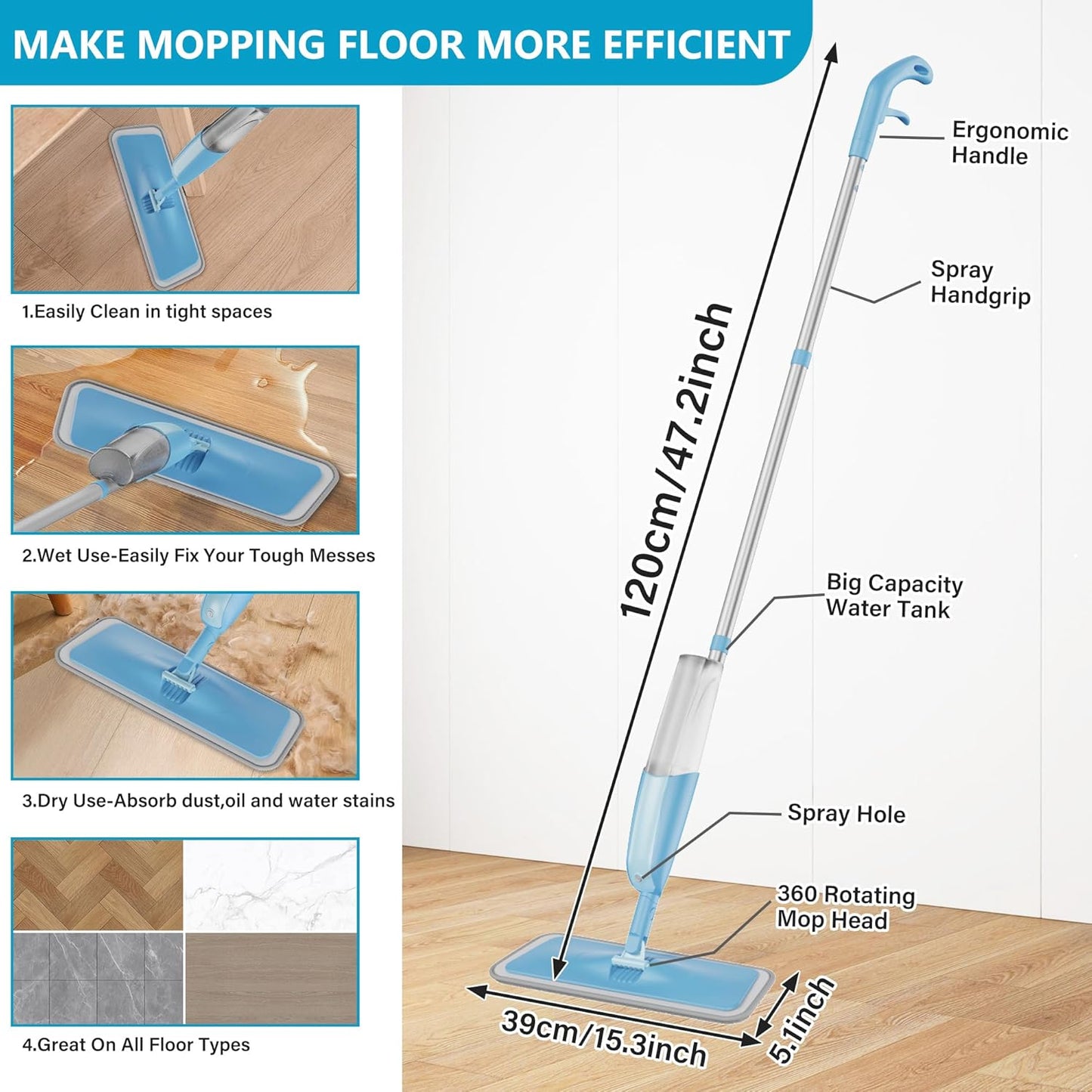 Spray Mops Wet Mops for Floor Cleaning - Microfiber Dust Mop with 3X Washable Pads Floor Mop with Sprayer Wood Floor Mops Commercial Home Use for Wood Floor Hardwood Laminate Ceramic Tiles