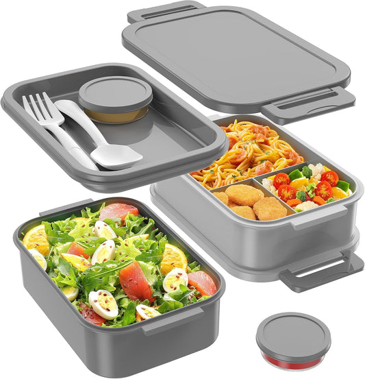 Adult Bento Box Lunch Box - 3 Layers Stackable Bento Lunch Box for Adults, 72oz Large-Style All-in-One Bento Boxes Leak-Proof Lunchbox with Utensil Sauce Containers for Dining Out,Work, Grey