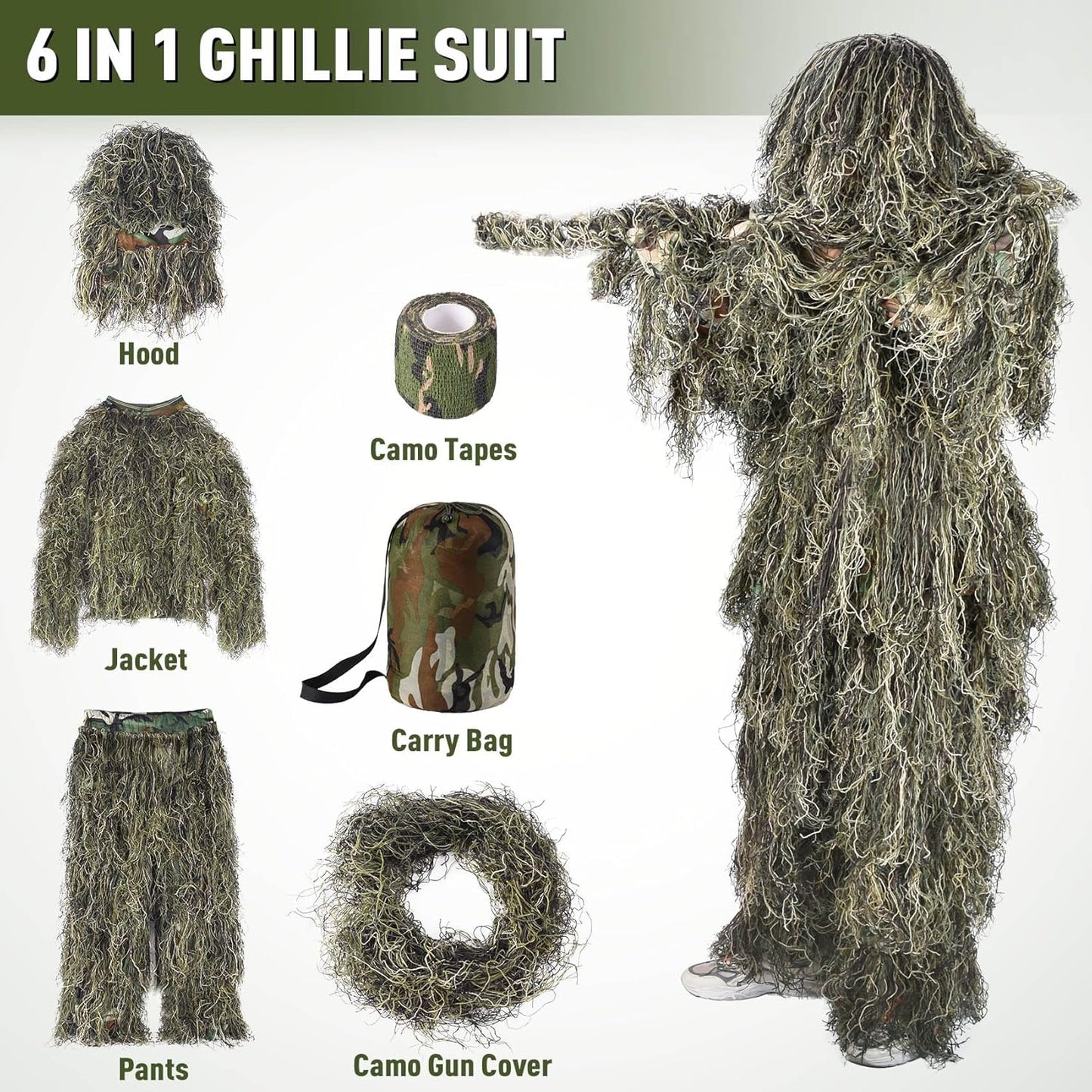 6 in 1 Ghillie Suit, 3D Camouflage Hunting Apparel Including Jacket, Pants, Hood, Carry Bag and Camo Tapes