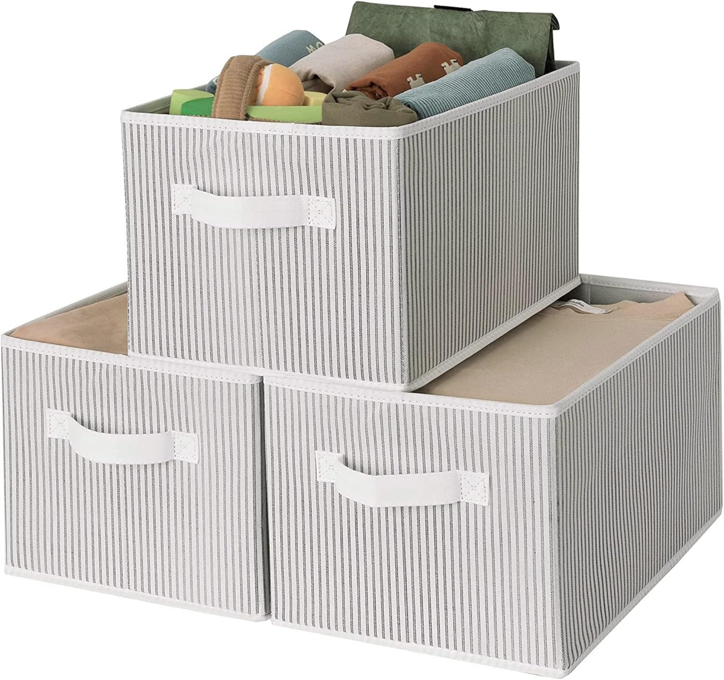 Storage Bins for Closet, Fabric Storage Boxes with Handles, Closet Organizers and Storage Bins for Closet Organization, Shelf Baskets Storage, Large, Gray/White, 3-Pack