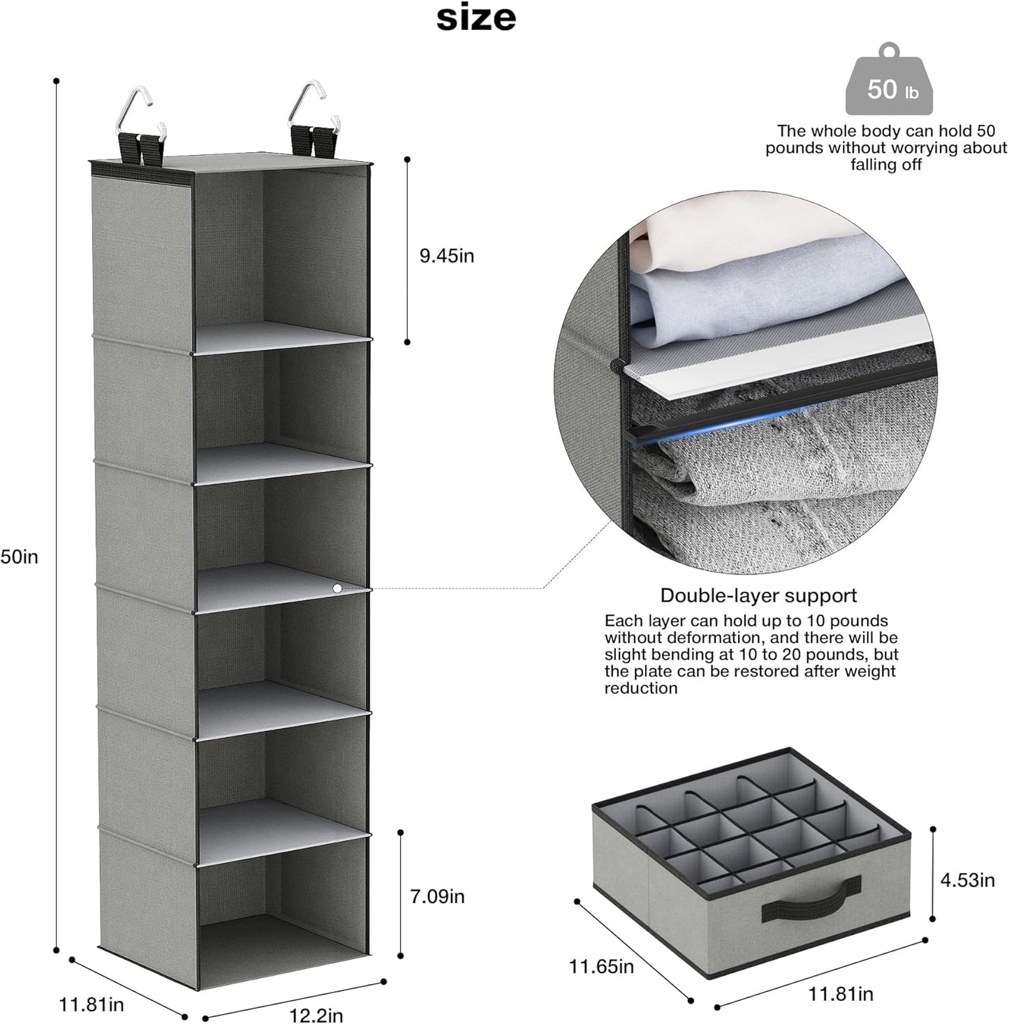 Hanging Closet Organizer, 6-Tier Hanging Closet Shelves for Organizing and Storing Sweaters, Underwear, Socks and Jeans, Odourless Washable (Gray)