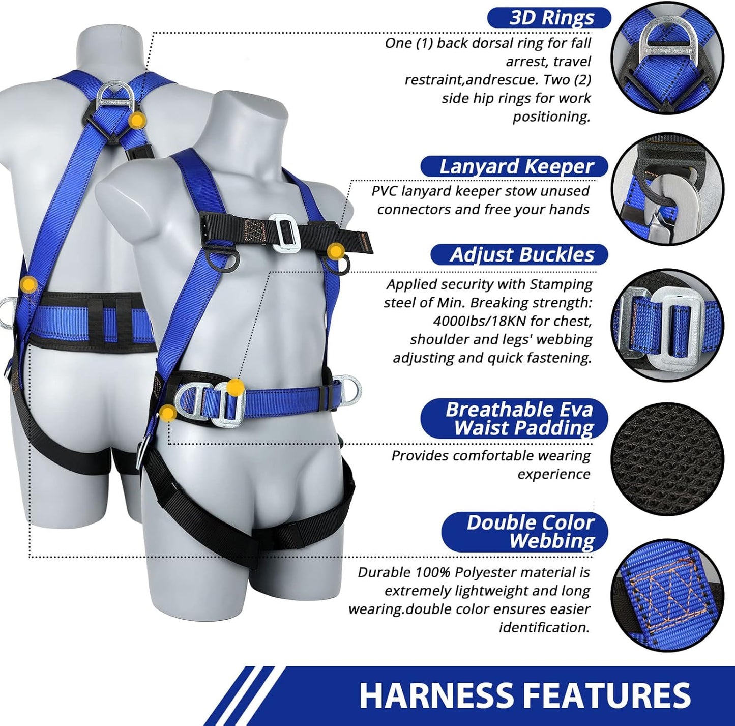 Safety Harness Fall Protection Kit: Full Body Roofing harnesses with Shock Absorbing Lanyard - Updated Comfortable Waist Pad