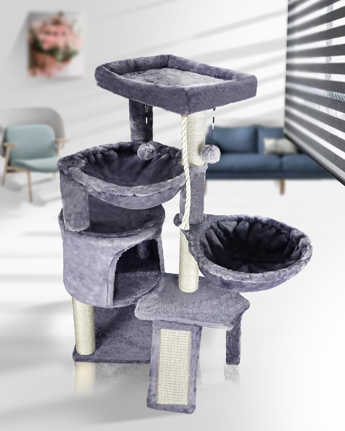 Three Layer Cat Tree with Cat Condo and Two Hammocks,Grey