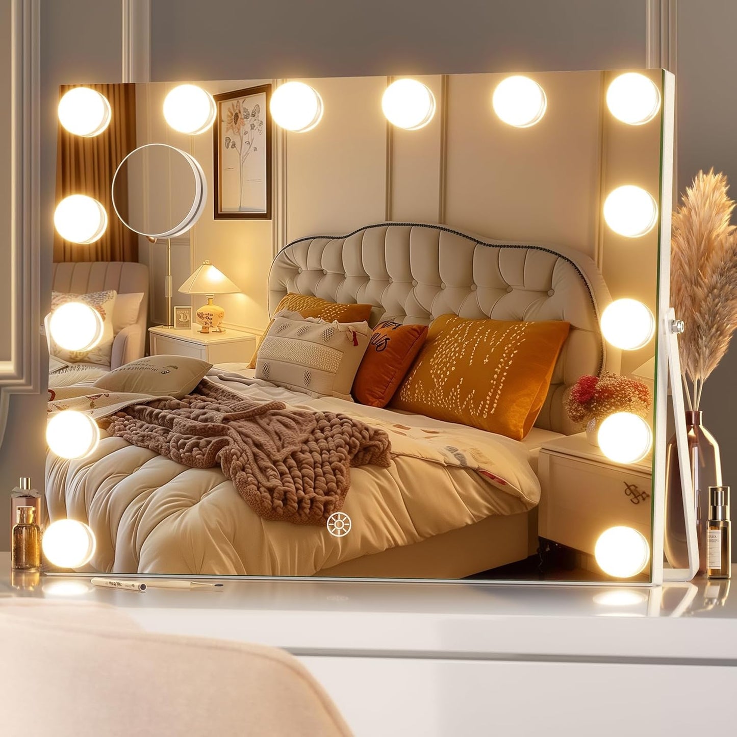 Vanity Mirror with Lights, 9.8" x 13.8" Hollywood Mirror, Makeup Mirror with 9 Dimmable Bulbs, Smart Touch 3 Colors Dimmable, 360° Rotation, White