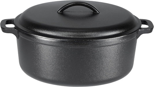 Round Pre-Seasoned Cast Iron Dutch Oven Pot with Lid and Dual Handles, Heavy-Duty & Large, 7-Quart, Black