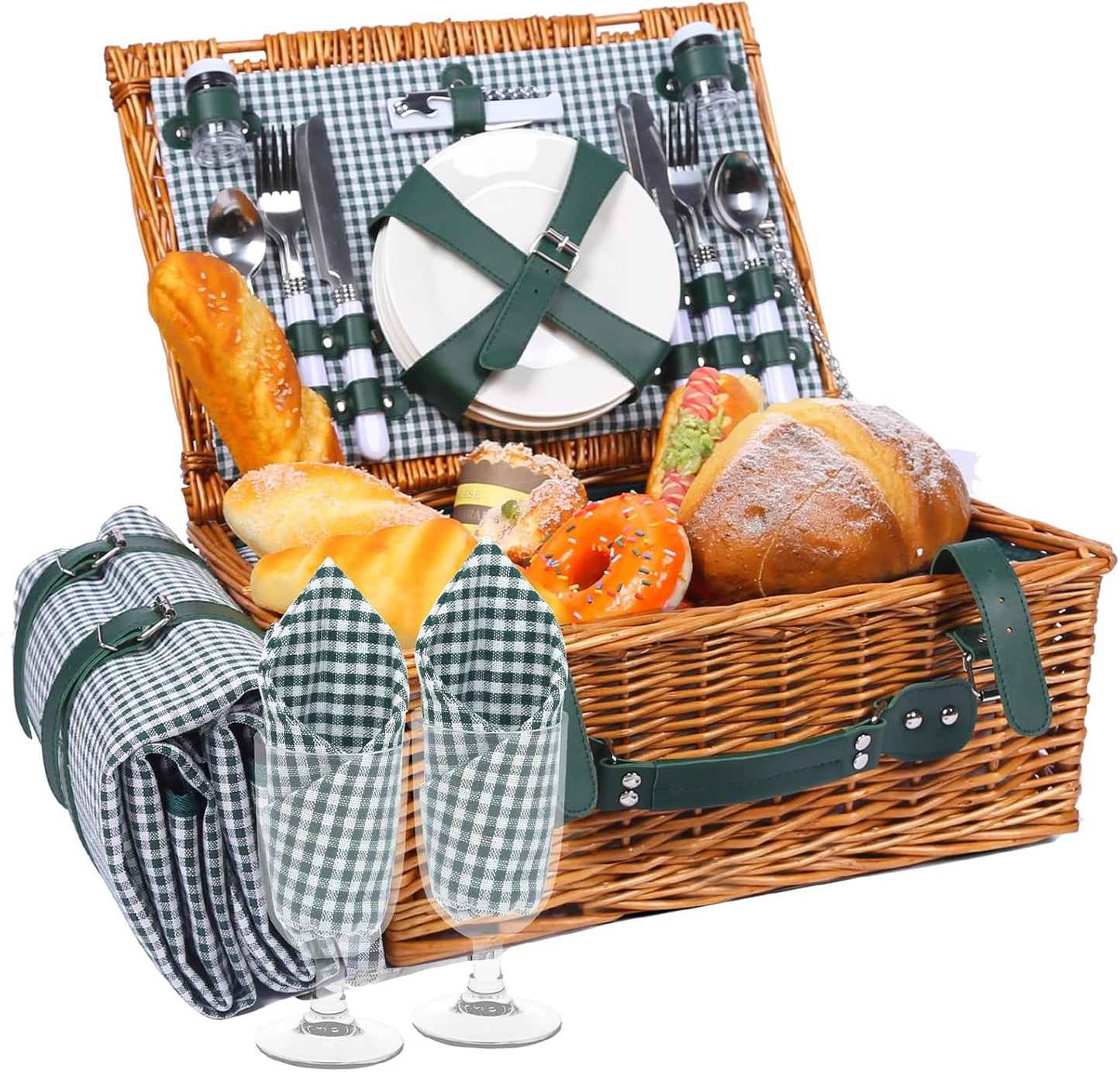 Wicker Picnic Basket Set for 4 Persons with Waterproof Picnic Blanket and Insulated Cooler, Large Willow Picnic Hamper for Camping, Outdoor, Valentine's Day, Birthday, Wedding Gift