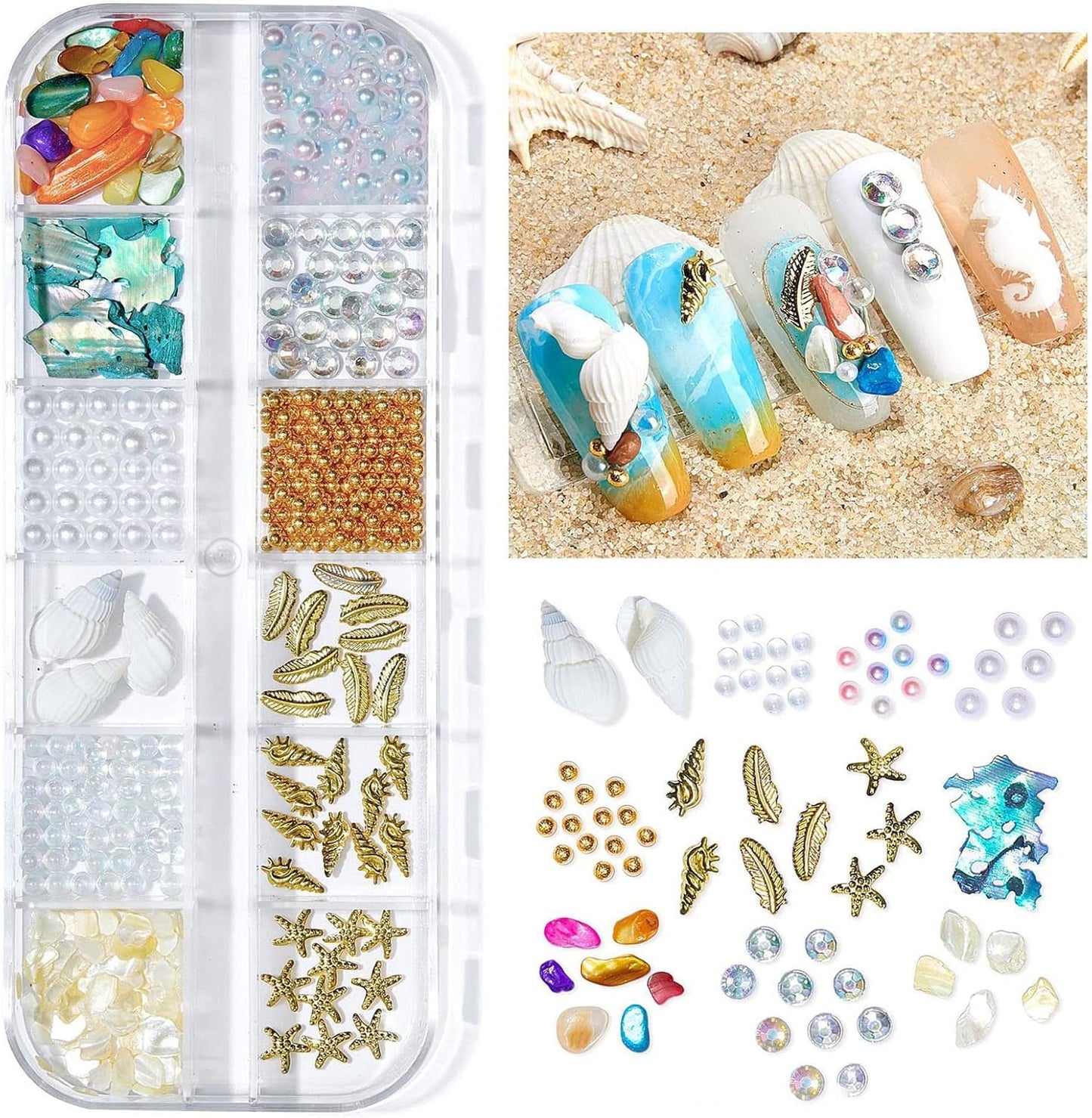 2 Boxes Summer Beach Nail Art Rhinestones Accessories Ocean Theme Shell Starfish Conch Nail Studs Sea Series Nail Art Rivets Charms Supplies for Nail Art Designs DIY Manicure Decoration