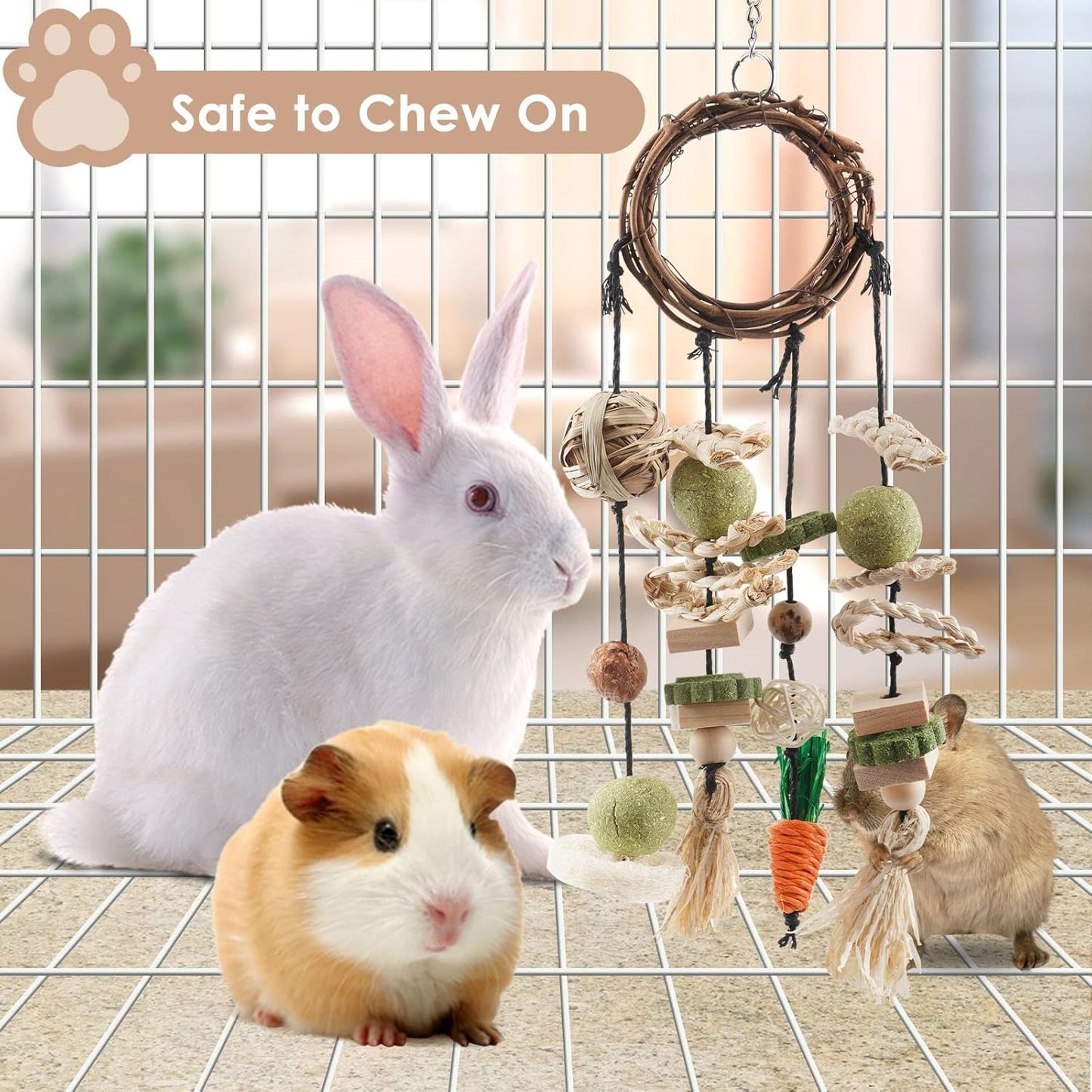 Bunny Chew Toy, Rabbits Cage Hanging Chew Toys and Treats Rattan Ring with Snacks for Guinea Pigs Chinchillas Hamsters Rats and Other Small Pets Teeth Grinding