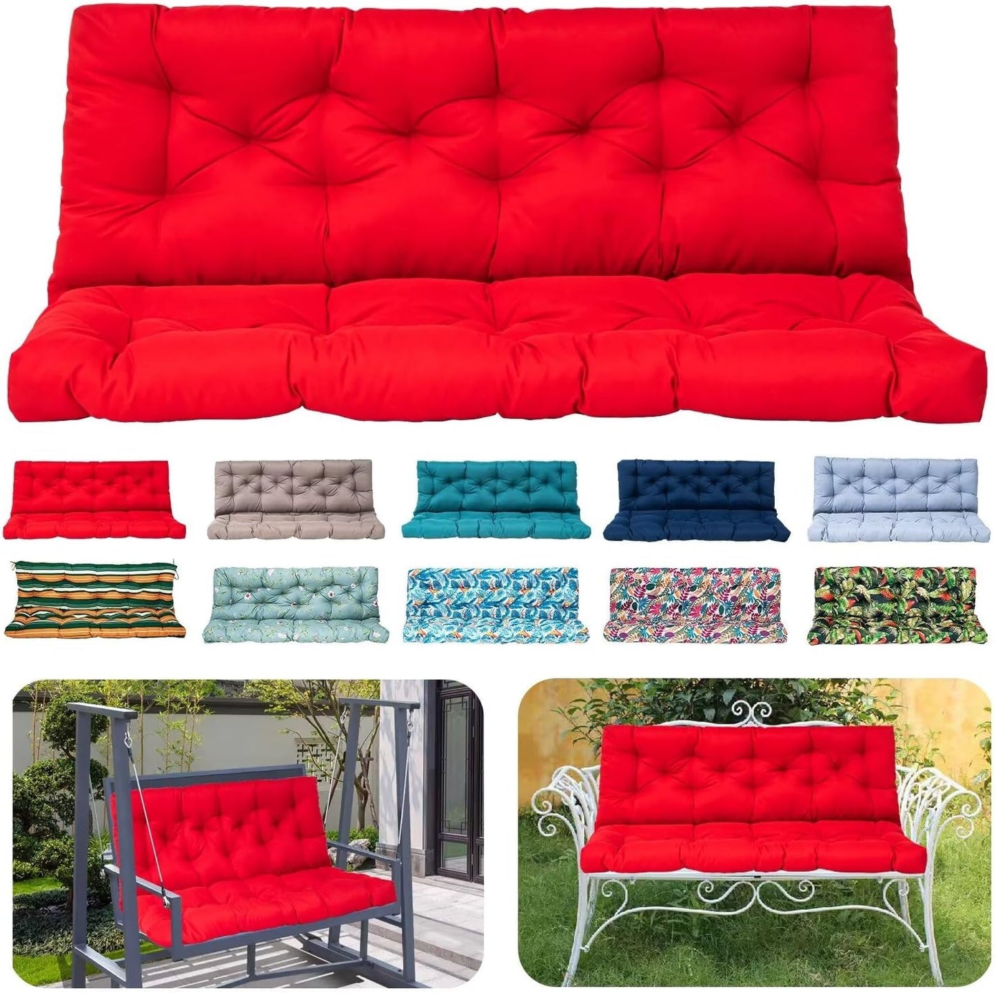 Swing Cushions Replacement, Waterproof 2-3 Seater Porch Swing Cushions with Backrest Thicken 5" Swing Bench Cushions for Outdoor Furniture Patio Garden Pad (Red Oak-60x40in)