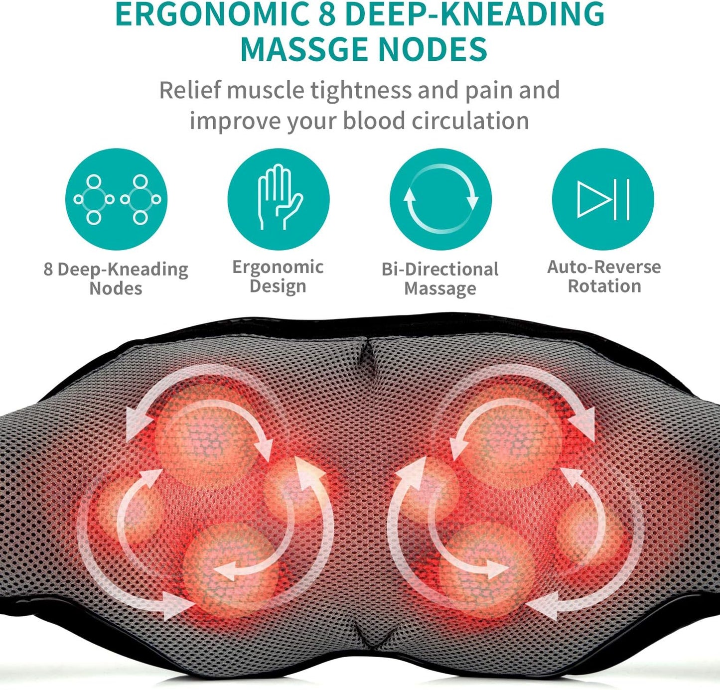 Shiatsu Neck and Back Massager with Soothing Heat, Electric Deep Tissue 3D Kneading Massage Pillow for Shoulder, Leg, Body Muscle Pain Relief, Home, Office, and Car Use