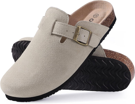 Women's Suede Clogs Soft Cork Footbed Leather Mules Comfort Potato Shoes with Arch Support