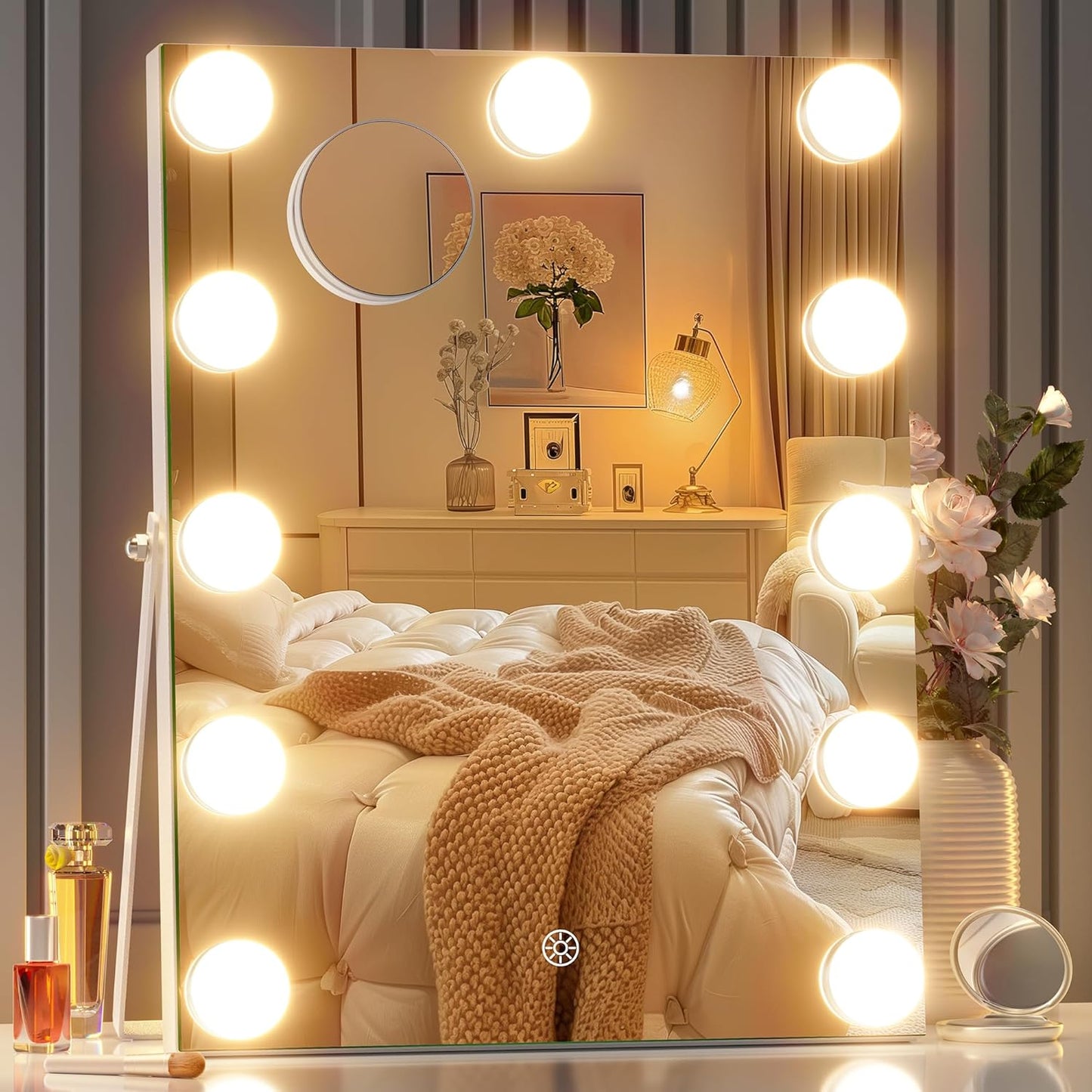 Vanity Mirror with Lights, 9.8" x 13.8" Hollywood Mirror, Makeup Mirror with 9 Dimmable Bulbs, Smart Touch 3 Colors Dimmable, 360° Rotation, White