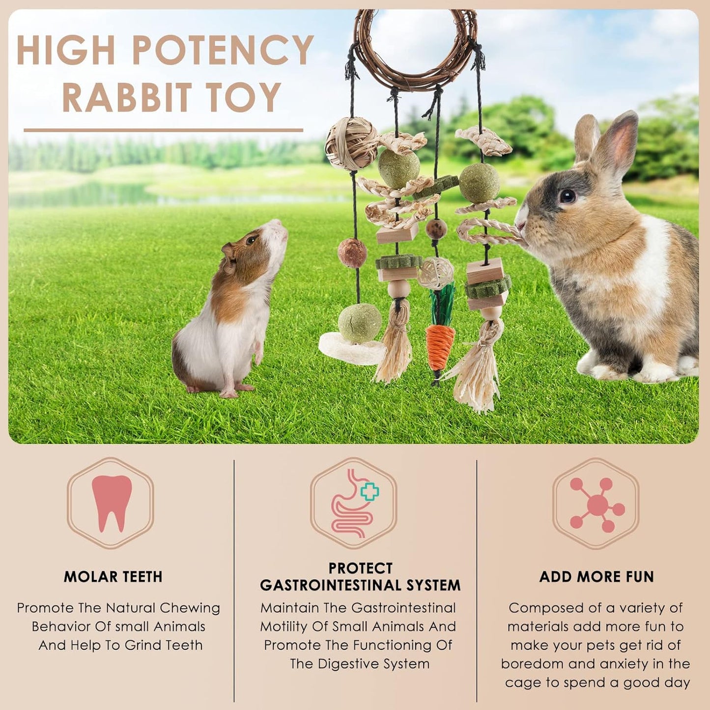 Bunny Chew Toy, Rabbits Cage Hanging Chew Toys and Treats Rattan Ring with Snacks for Guinea Pigs Chinchillas Hamsters Rats and Other Small Pets Teeth Grinding