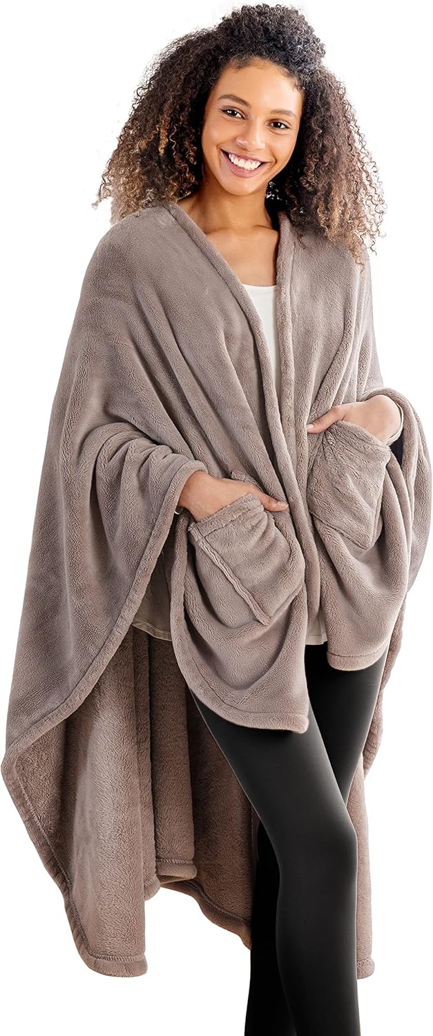 Berkshire Blanket Primalush™ Wearable Blanket, Cozy Loungewear Pocketed Plush Cape Wrap for Adults & Teens(Purple, One Size 58"X64")